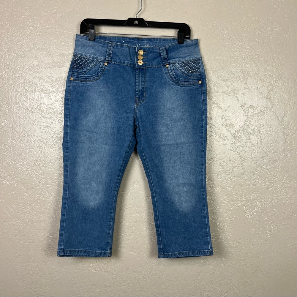 Queen sexy denim women mid rise‎ stretch embroidered embellishments capri jeans